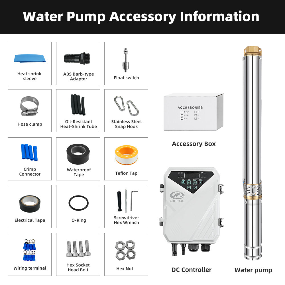 DIFFUL Solar Water Pump Kit, 2 inch 300 W 24 V DC For Off-Grid Living