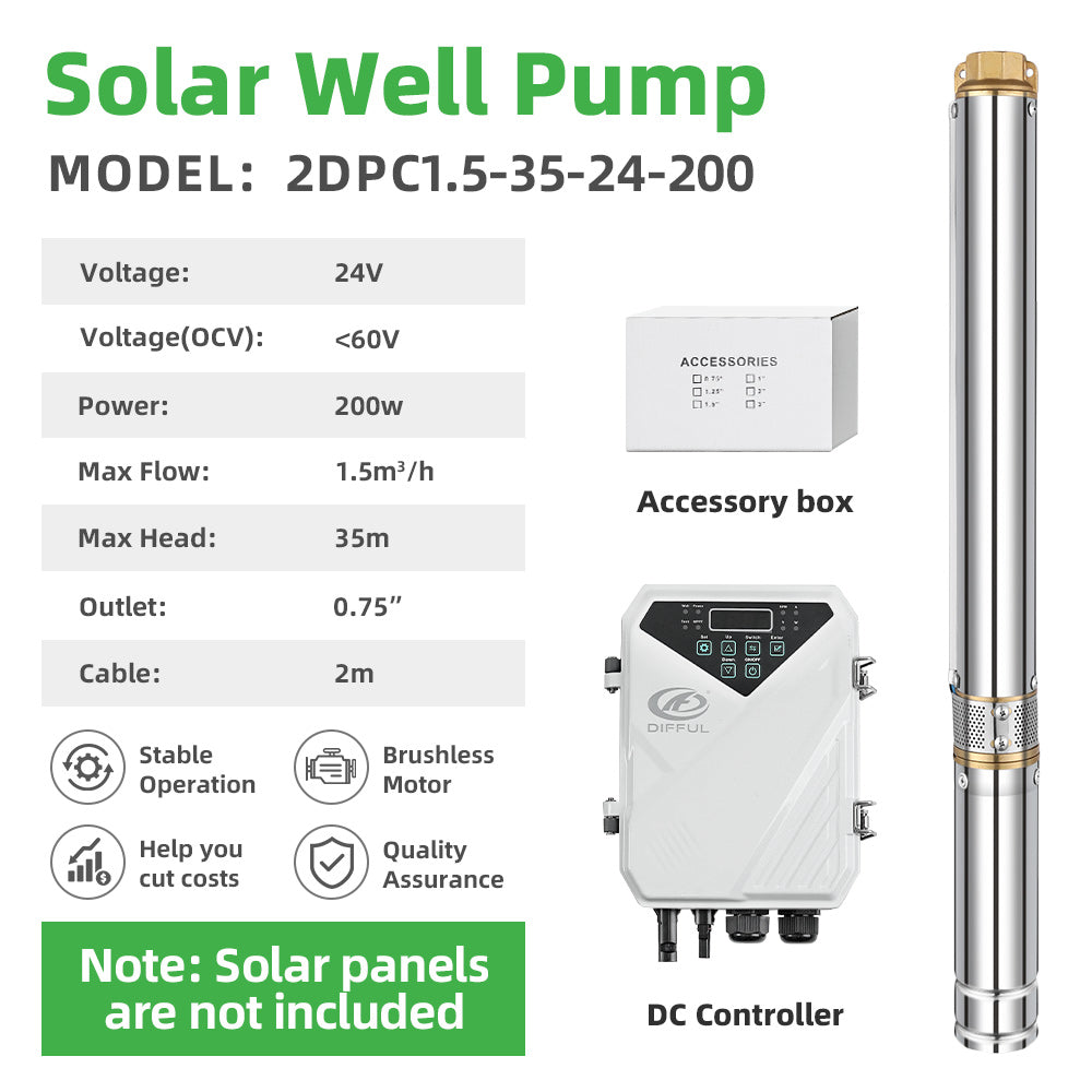 DIFFUL Solar Water Pump Kit, 2 inch 200 W 24 V DC For Off-Grid Living