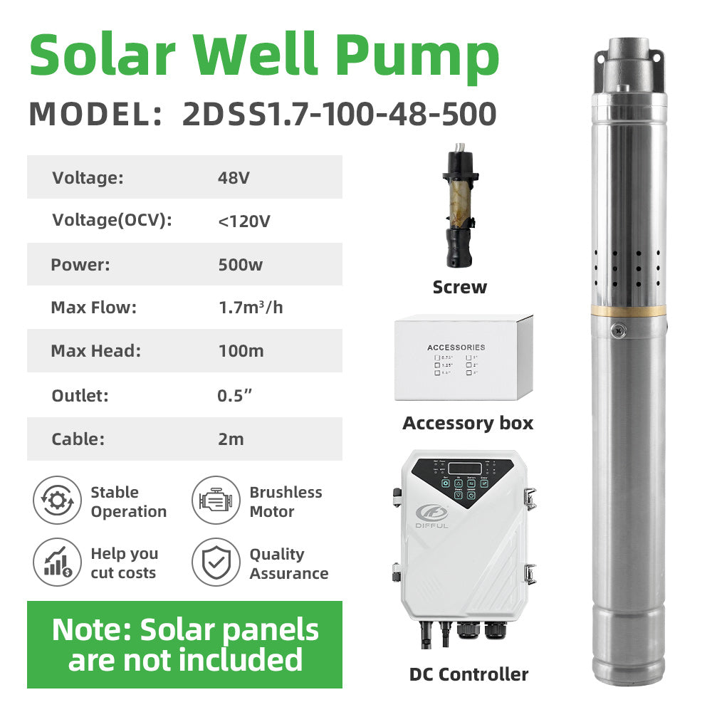 DIFFUL Solar Screw Pump, 2 inch 500 W 48 V DC For Livestock
