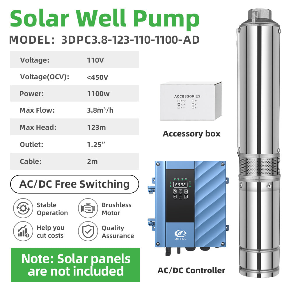 DIFFUL Solar Bore Pump, 3 inch 1100 W 85 V - 280 V AC/DC For Livestock
