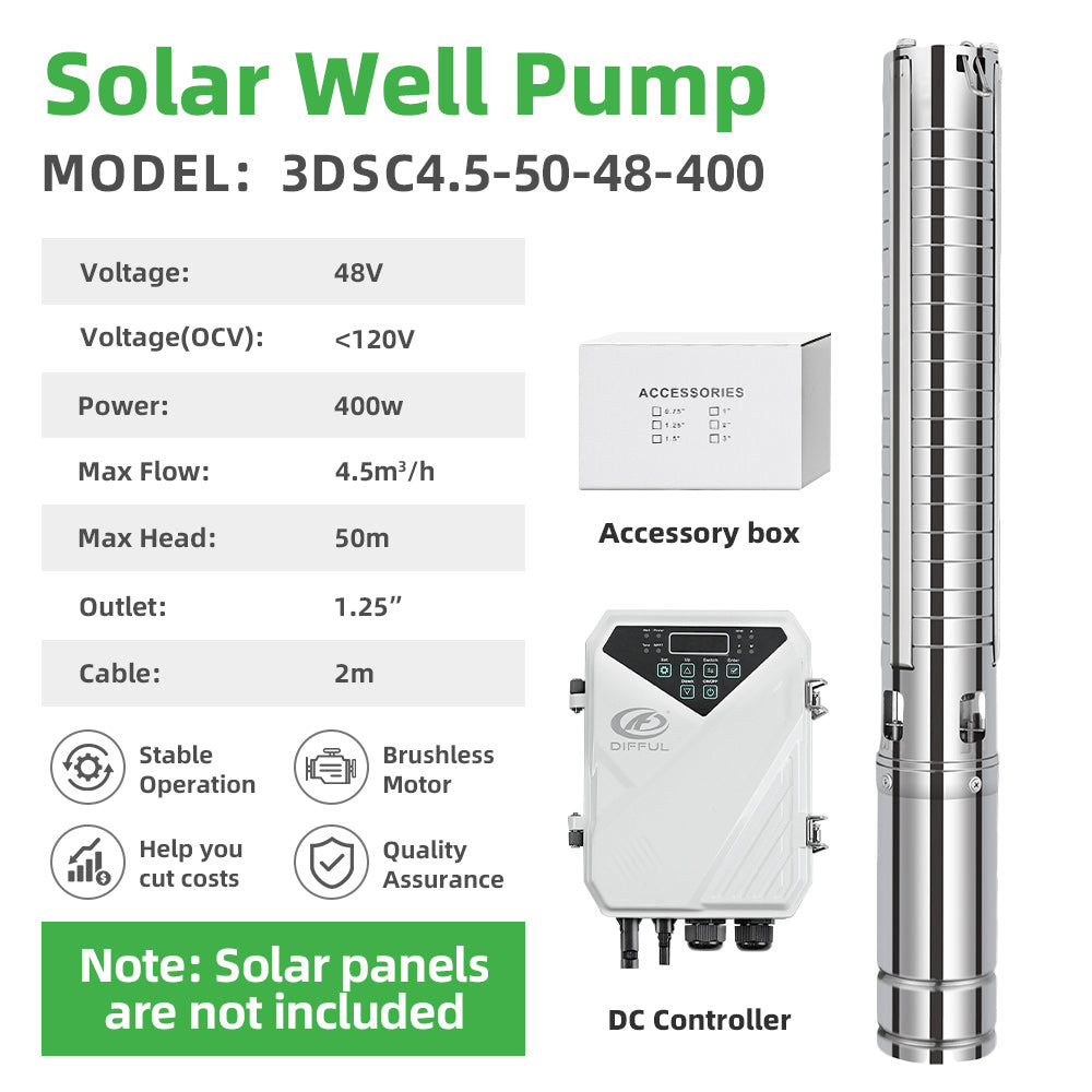 DIFFUL Solar Submersible Pump, 3 inch 400W 48 V DC For Off-Grid Living