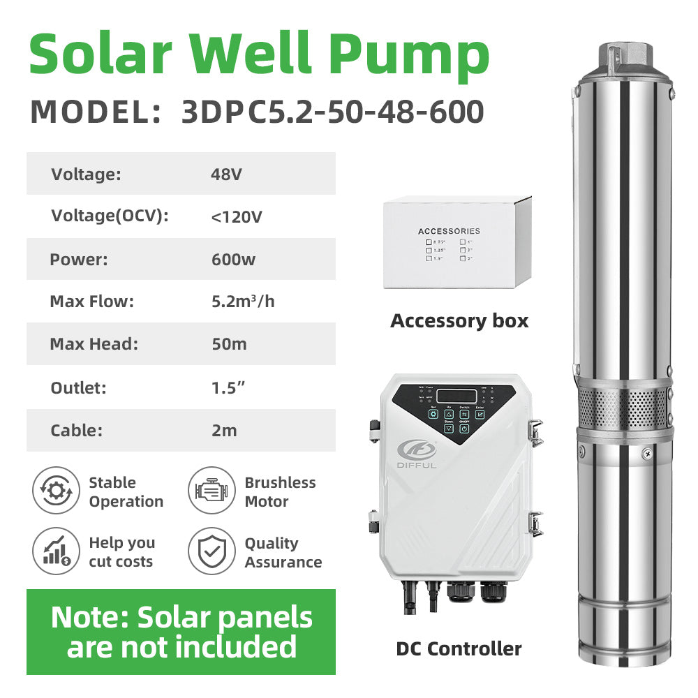 DIFFUL Solar Well Pumps, 3 inch 600 W 48 V DC For Off-Grid Living