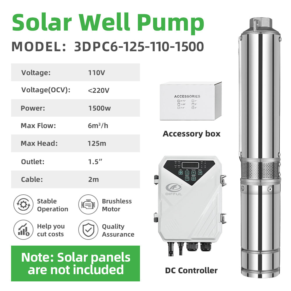 DIFFUL Solar Well Pumps Kit, 3 inch 1500 W 110 V DC For Irrigation