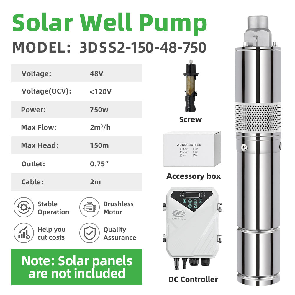 DIFFUL Solar Screw Pump Solutions, 3 inch 750 W 48 V DC For Irrigation