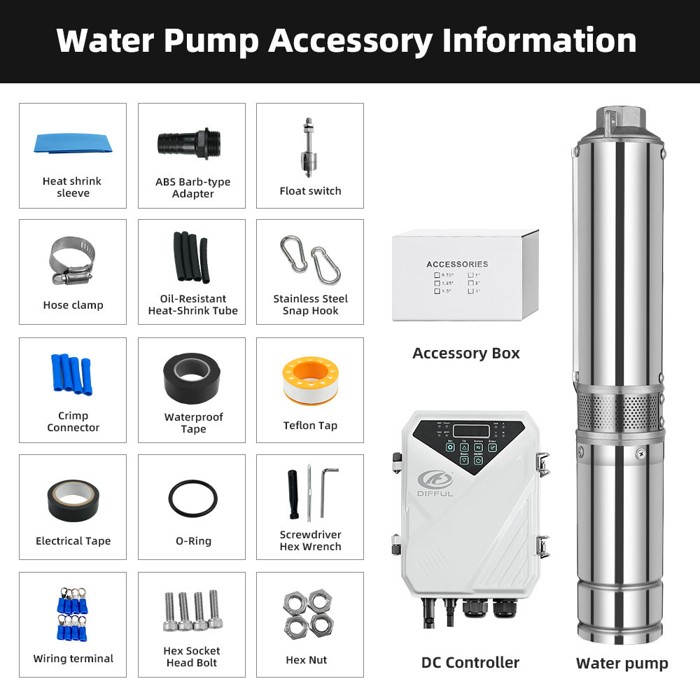 DIFFUL Solar Pump For Water Tank, 4 inch 1500W 110 V DC For Sprinklers