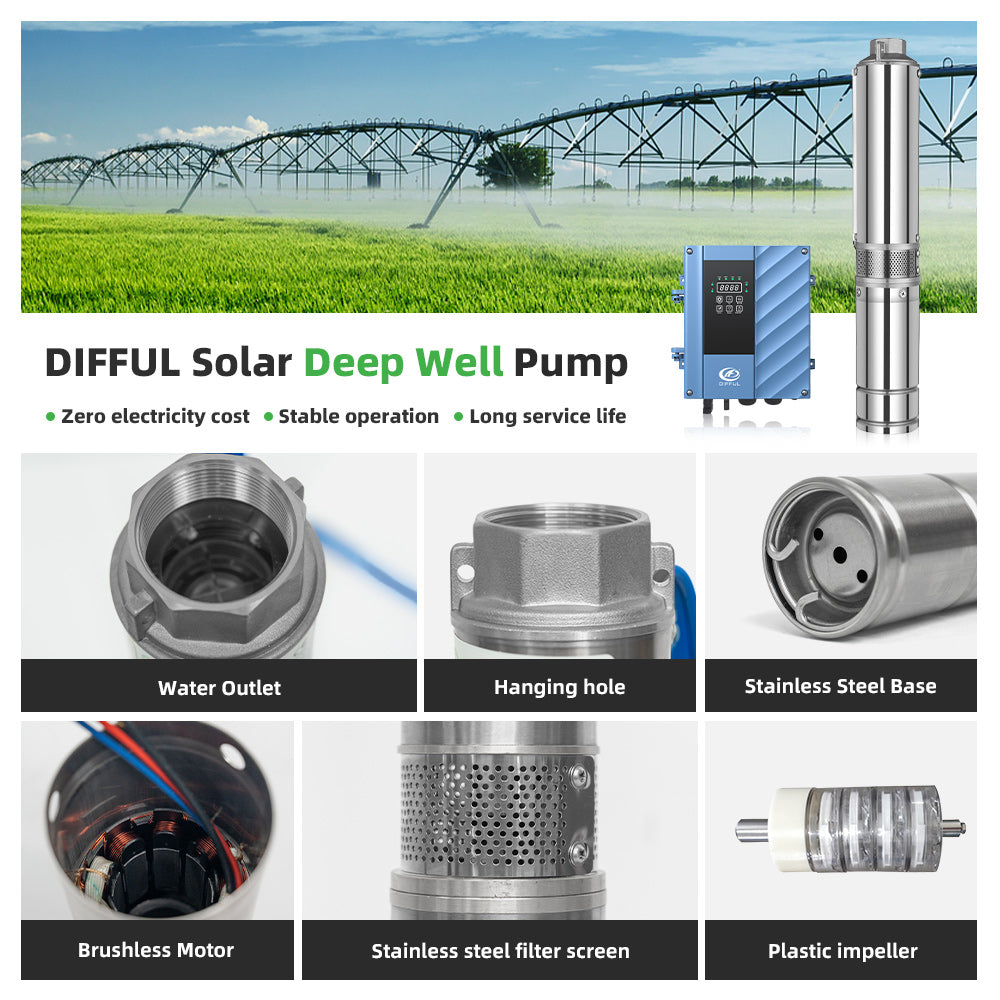 DIFFUL Solar Water Pump, 4 inch 12 M³/H Flow 2200 W 85 V - 280 V AC/DC For Sprinklers