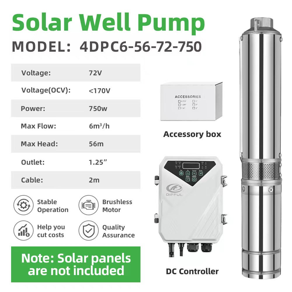 DIFFUL Solar Water Pump, 4 inch 750 W 72 V DC For Irrigation