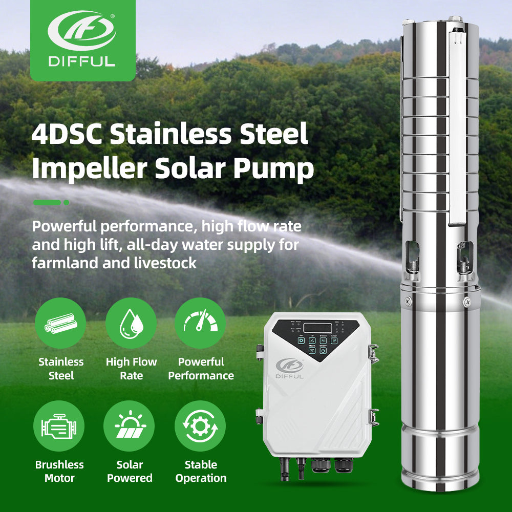 DIFFUL Solar Powered Submersible Water Pumps, 4 inch 400W 48 V DC For Irrigation