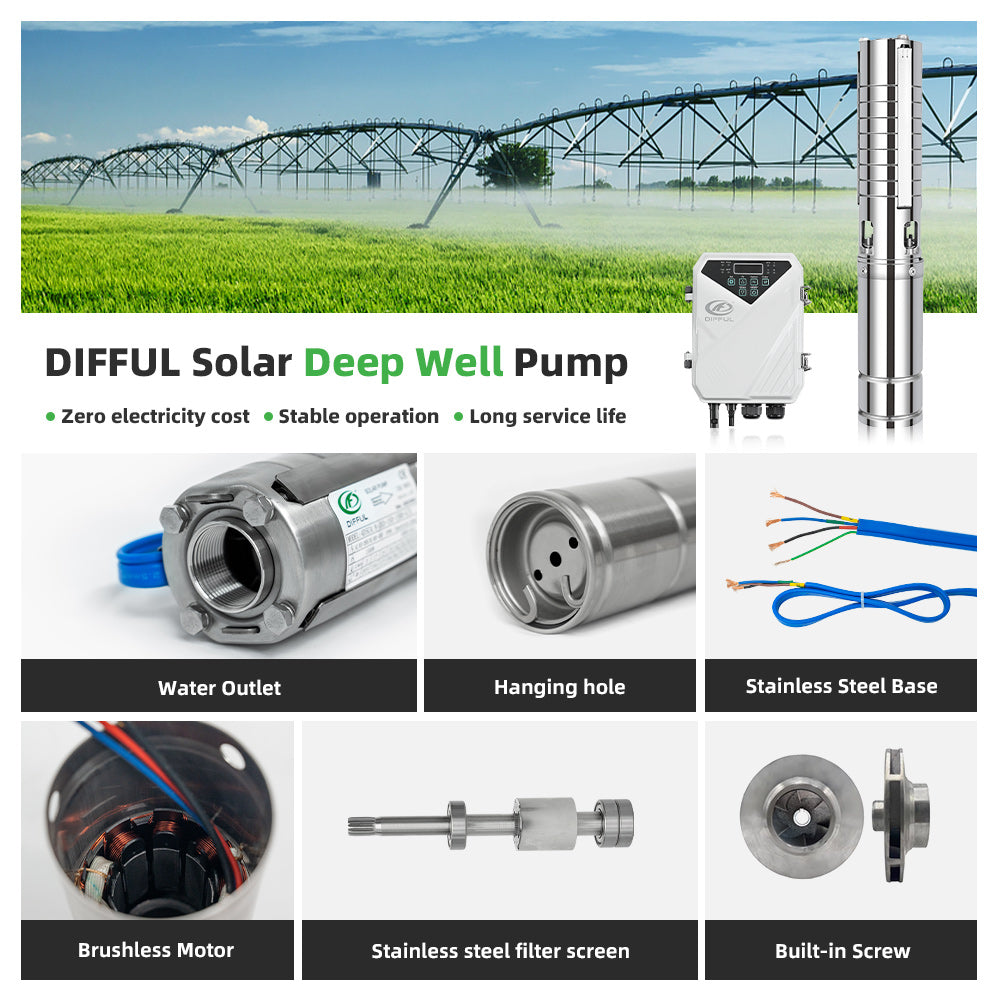 DIFFUL Solar Powered Submersible Water Pumps, 4 inch 400W 48 V DC For Irrigation