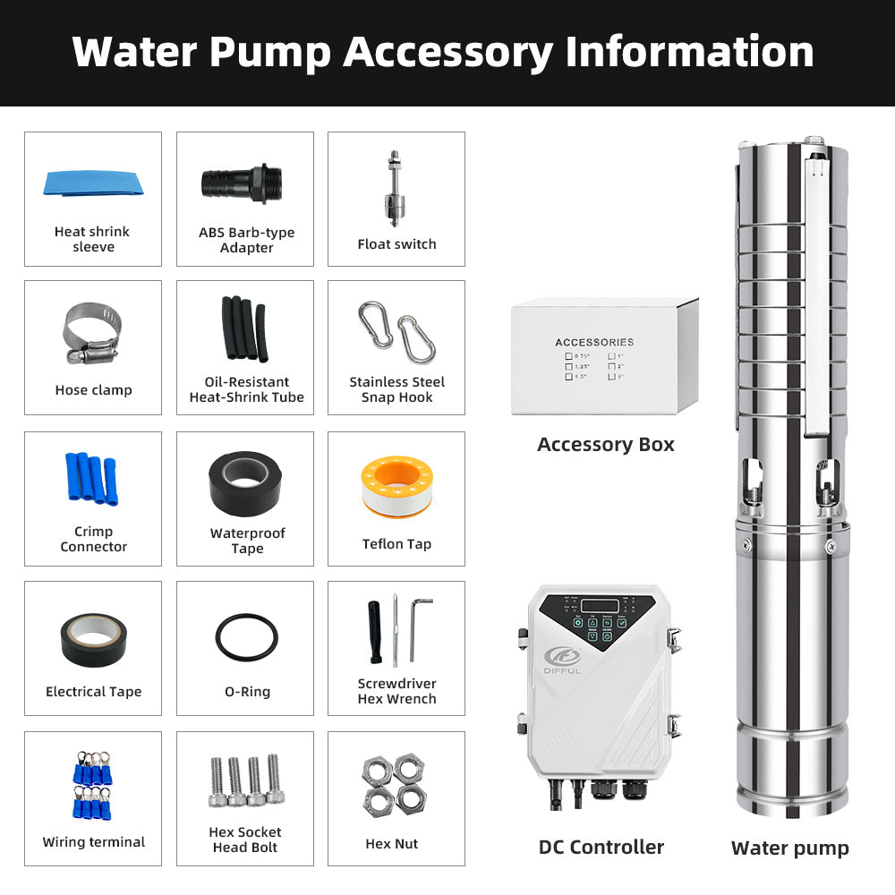 DIFFUL Solar Powered Submersible Water Pumps, 4 inch 400W 48 V DC For Irrigation