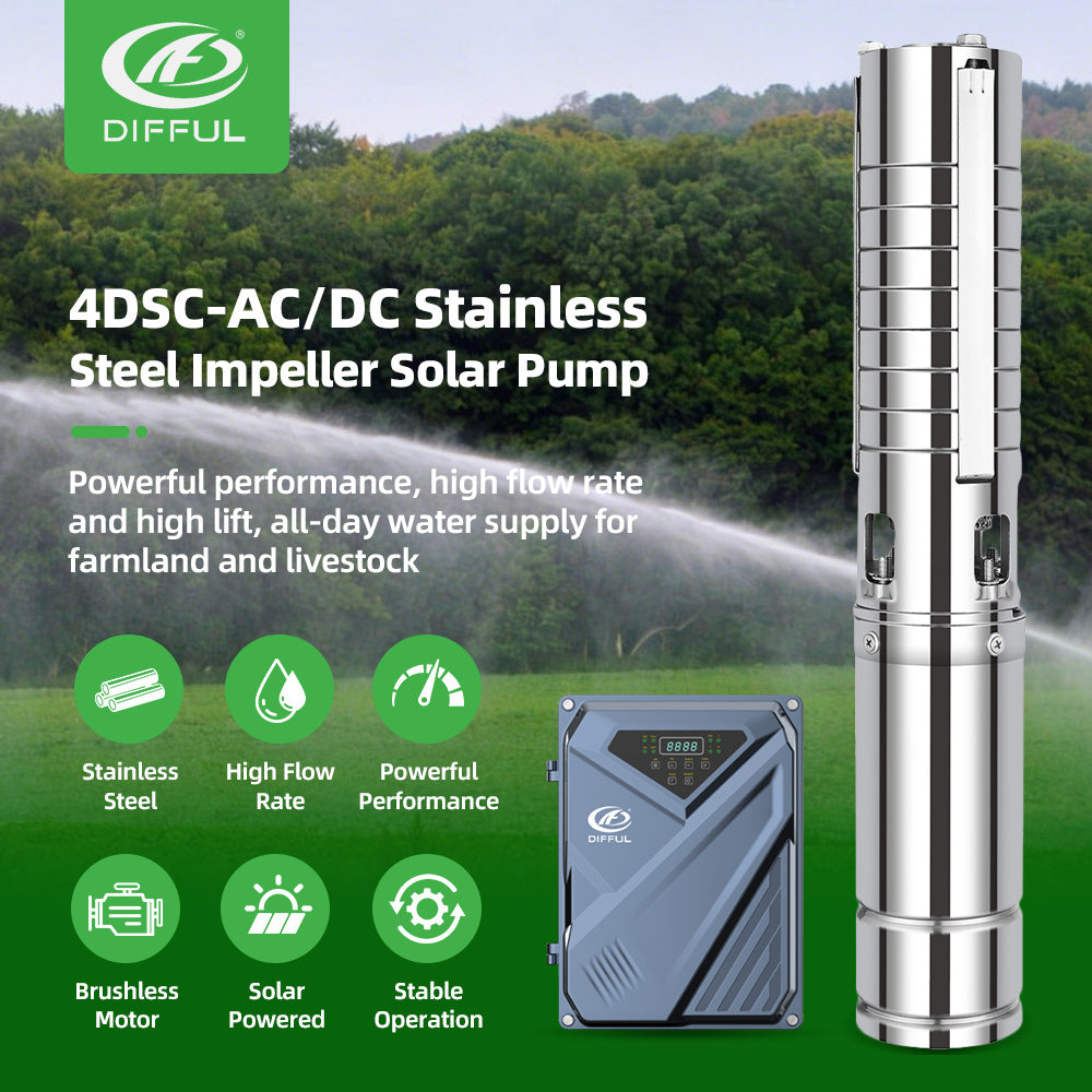 DIFFUL Solar Water Pump Solutions, 4 inch 20 M³/H Flow 3000 W 85 V - 280 V AC/DC For Drip Lines