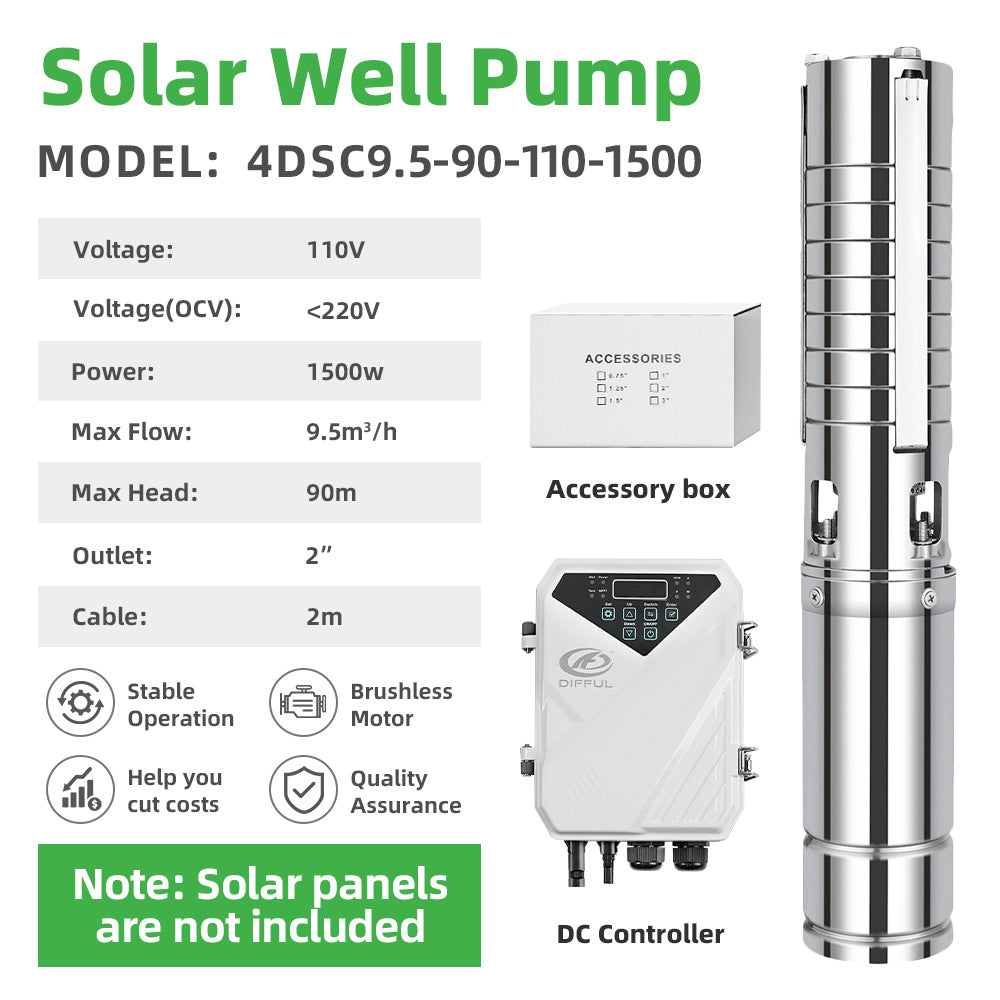 DIFFUL Solar Powered Submersible Water Pumps, 4 inch 1500W 110 V DC For Irrigation