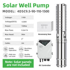 DIFFUL Solar Powered Submersible Water Pumps, 4 inch 1500W 110 V DC For Irrigation
