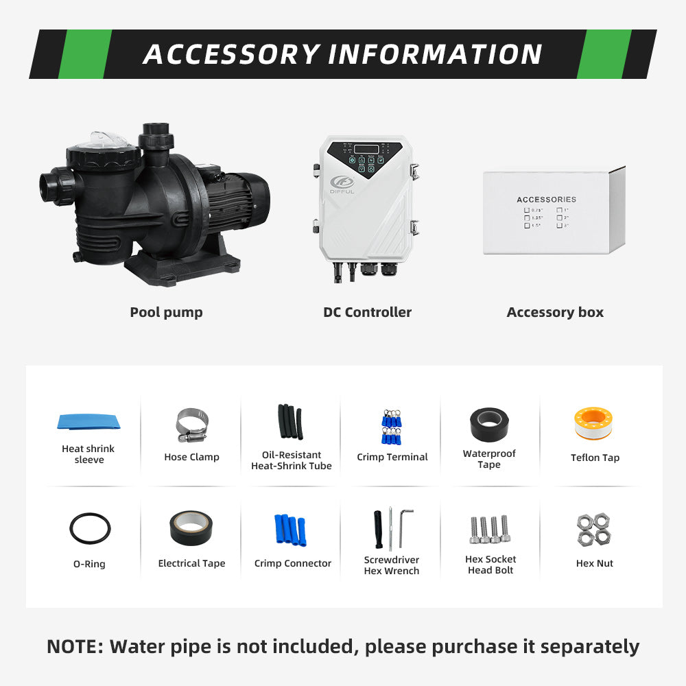 DIFFUL Solar Swimming Pool Pump, 27 M³/H Flow 19 M Head 1200 W 110V DC for Farm