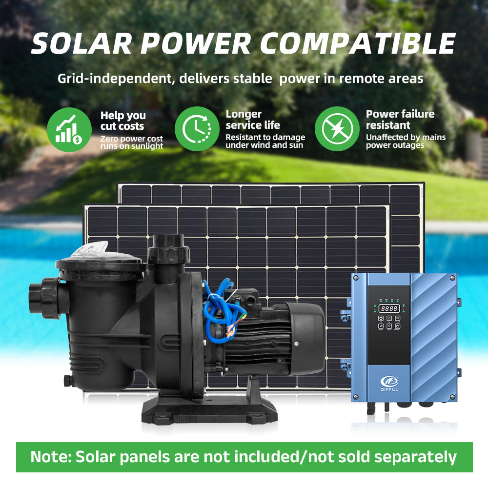 DIFFUL Solar Swimming Pool Pump, 20 M³/H Flow 19 M Head 900 W 72V AC/DC for Filling Ponds
