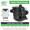 DIFFUL Solar Powered Pool Pump, 27 M³/H Flow 19 M Head 1200 W 72V DC for Home & Garden